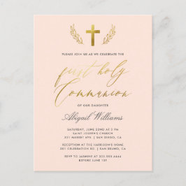 Blush Pink & Gold Calligraphy First Heilige Commun Uitnodiging Briefkaart