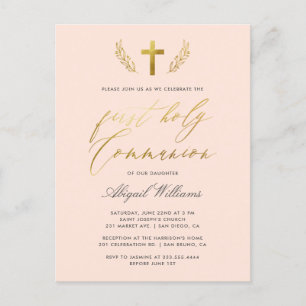 Blush Pink & Gold Calligraphy First Heilige Commun Uitnodiging Briefkaart