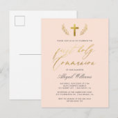 Blush Pink & Gold Calligraphy First Heilige Commun Uitnodiging Briefkaart (Voorkant / Achterkant)