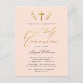 Blush Pink & Gold Calligraphy First Heilige Commun Uitnodiging Briefkaart (Voorkant)
