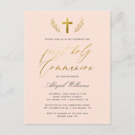 Blush Pink & Gold Calligraphy First Heilige Commun Uitnodiging Briefkaart (Voorkant)