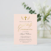 Blush Pink & Gold Calligraphy First Heilige Commun Uitnodiging Briefkaart (Staand voorkant)