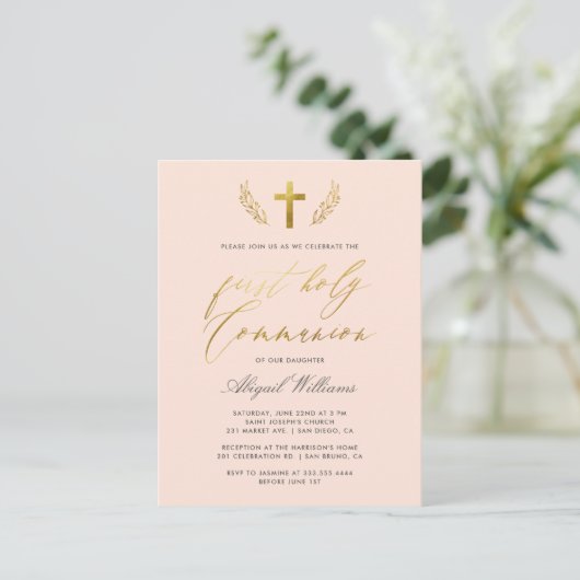 Blush Pink & Gold Calligraphy First Heilige Commun Uitnodiging Briefkaart (Staand voorkant)