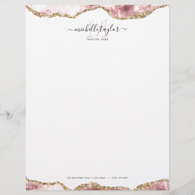 Blush Pink Gold Chic Glitter Gold Agate Monogram Briefhoofd (Voorkant)