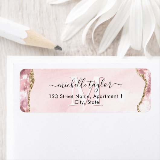 Blush Pink Gold Chic Glitter Gold Agate Monogram Etiket (Insitu)