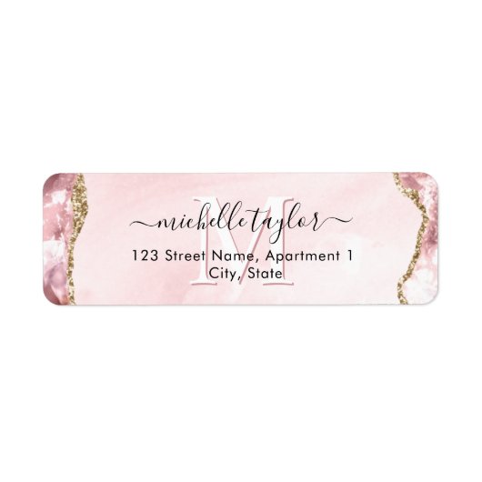 Blush Pink Gold Chic Glitter Gold Agate Monogram Etiket (Voorkant)