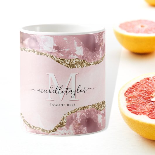 Blush Pink Gold Chic Glitter Gold Agate Monogram Koffiemok