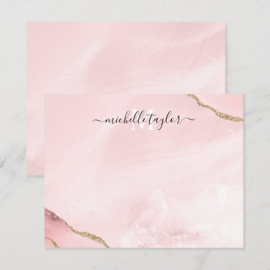 Blush Pink Gold Chic Glitter Gold Agate Monogram N Notitiekaartje (Voorkant / Achterkant)