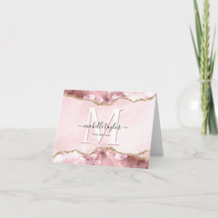 Blush Pink Gold Chic Glitter Gold Agate Monogram Notitiekaartje