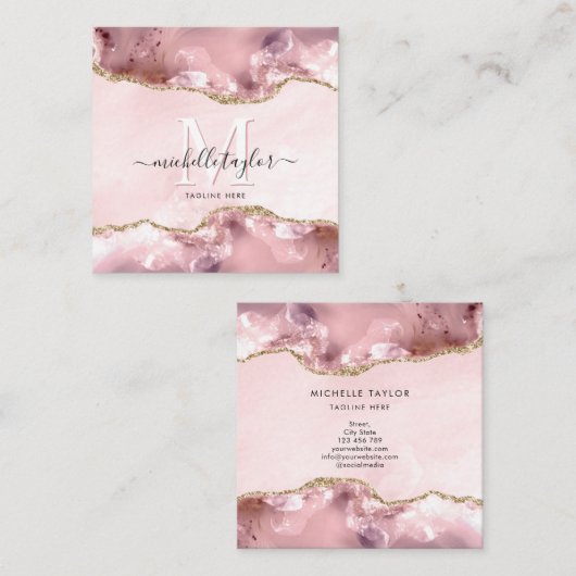 Blush Pink Gold Chic Glitter Gold Agate Monogram Vierkante Visitekaartje (Voorkant / Achterkant)
