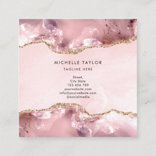 Blush Pink Gold Chic Glitter Gold Agate Monogram Vierkante Visitekaartje (Achterkant)