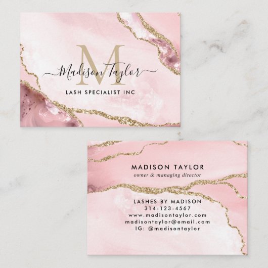Blush Pink Gold Chic Glitter Marble Agate Monogram Visitekaartje (Voorkant / Achterkant)