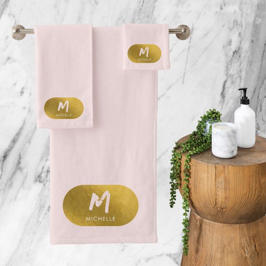 Blush Pink Gold Chic Monogram Initiaal Bad Handdoek