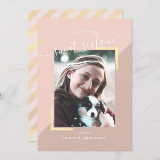Blush Pink & Gold Color Block Foto Sweet 16 Kaart (Voorkant / Achterkant)