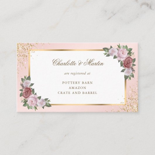 Blush Pink Gold Confetti Bloemen Trouwregister Informatiekaartje (Voorkant)