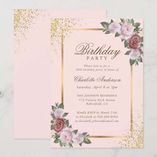 Blush Pink Gold Confetti Bloemen Verjaardagsfeest Kaart (Voorkant / Achterkant)