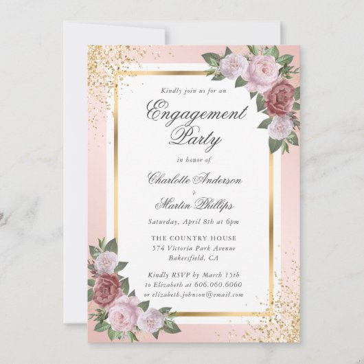 Blush Pink Gold Confetti Bloemen Verlovingsfeest Kaart (Voorkant)