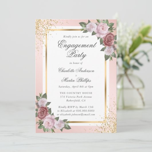 Blush Pink Gold Confetti Bloemen Verlovingsfeest Kaart (Staand voorkant)