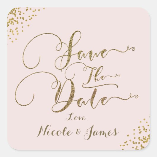 Blush Pink Gold Confetti Corners Save the Date Vierkante Sticker (Voorkant)