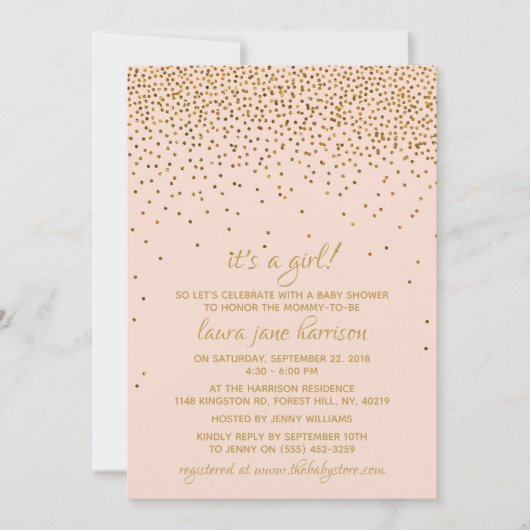 Blush Pink & Gold Confetti Girl's Baby shower Kaart (Voorkant)