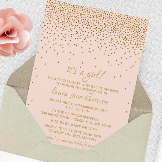 Blush Pink & Gold Confetti Girl's Baby shower Kaart