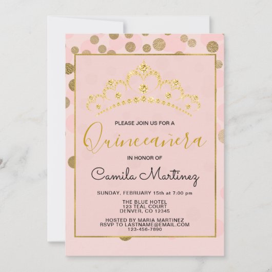 Blush Pink & Gold Confetti Quinceanera met Tiara Kaart (Voorkant)