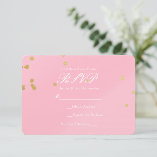 Blush Pink & Gold Confetti RSVP-kaartuitnodiging RSVP Kaartje (Staand voorkant)