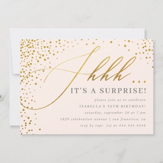 Blush Pink & Gold Confetti Script Surprise Party Kaart (Voorkant)