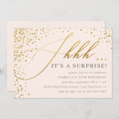 Blush Pink & Gold Confetti Script Surprise Party Kaart (Voorkant / Achterkant)