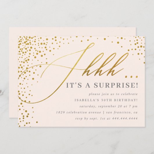 Blush Pink & Gold Confetti Script Surprise Party Kaart (Voorkant / Achterkant)