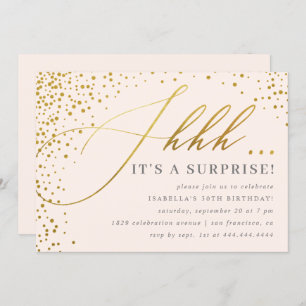 Blush Pink & Gold Confetti Script Surprise Party Kaart