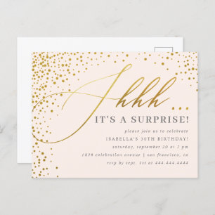 Blush Pink & Gold Confetti Script Surprise Party Uitnodiging Briefkaart