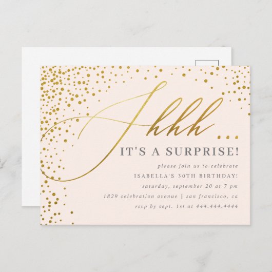 Blush Pink & Gold Confetti Script Surprise Party Uitnodiging Briefkaart (Voorkant / Achterkant)