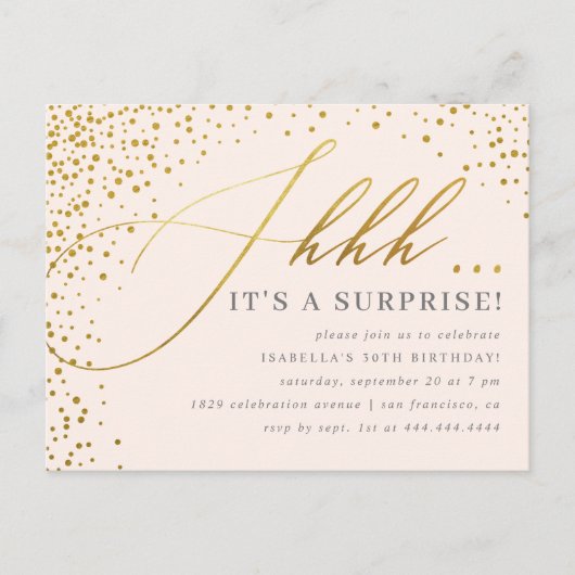 Blush Pink & Gold Confetti Script Surprise Party Uitnodiging Briefkaart (Voorkant)