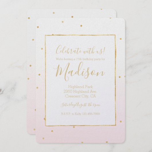 Blush Pink Gold Confetti Sparkle Ombre Verjaardag Kaart (Voorkant / Achterkant)