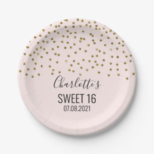 Blush Pink Gold Confetti Sweet 16 Birthday Party Papieren Bordje