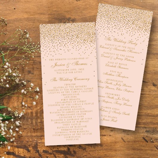 Blush Pink & Gold Confetti Wedding Program Reclamekaart