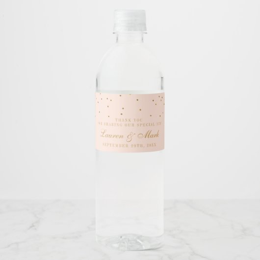 Blush Pink & Gold Confetti Wedding Waterfles Etiket (Voorkant)
