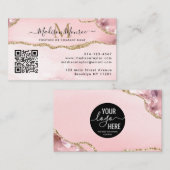 Blush Pink Gold Custom Logo QR Code Agate Monogram Visitekaartje (Voorkant / Achterkant)