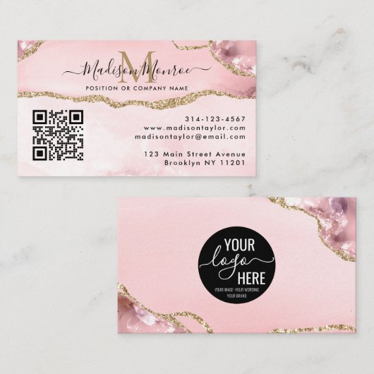 Blush Pink Gold Custom Logo QR Code Agate Monogram Visitekaartje (Voorkant / Achterkant)