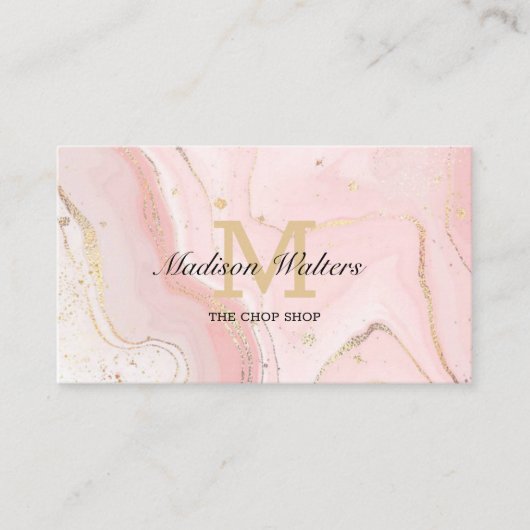 Blush Pink Gold Custom Logo QR Code Agate Monogram Visitekaartje (Voorkant)