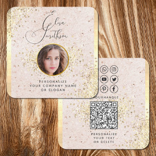 Blush Pink Gold Custom Social Media QR Code Foto Vierkante Visitekaartje