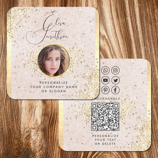 Blush Pink Gold Custom Social Media QR Code Foto Vierkante Visitekaartje