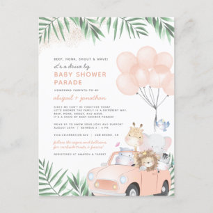 Blush Pink & Gold Cute Safari Drive by Baby shower Uitnodiging Briefkaart