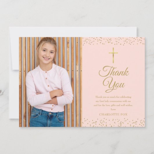 Blush Pink Gold Dust First Heilige Communfoto Bedankkaart (Voorkant)