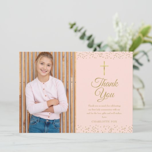 Blush Pink Gold Dust First Heilige Communfoto Bedankkaart (Staand voorkant)