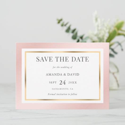 Blush Pink Gold Elegant Modern Wedding Save The Date (Staand voorkant)