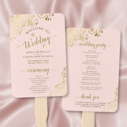 Blush Pink & Gold Elegant Trouwprogramma Handwaaier