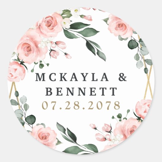 Blush Pink Gold en White Floral Greenery Wedding Ronde Sticker (Voorkant)