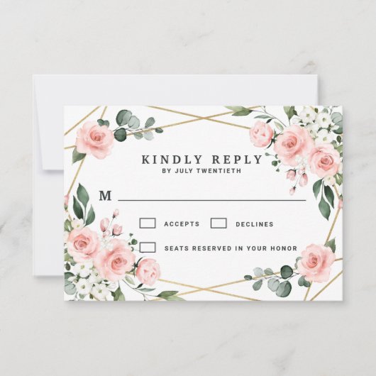 Blush Pink Gold en White Floral Greenery Wedding RSVP Kaartje (Voorkant)